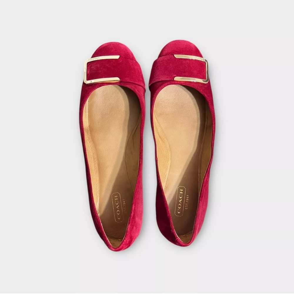 Coach Unique Q3031 Gold Buckle Suede Leather Ballerina Flats - Red